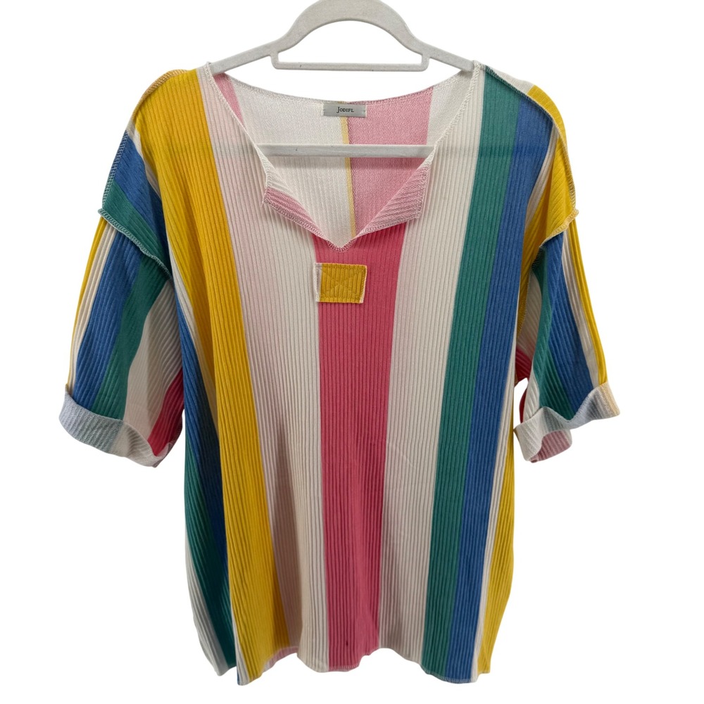 Jodifl Colorful Striped Ribbed Knit Tunic Top Short Sleeve Oversized Comfy Sz M‎